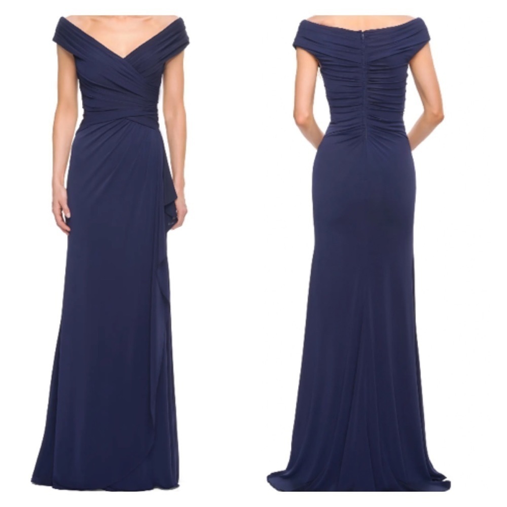 La Femme Navy Off-Shoulder Maxi Dress